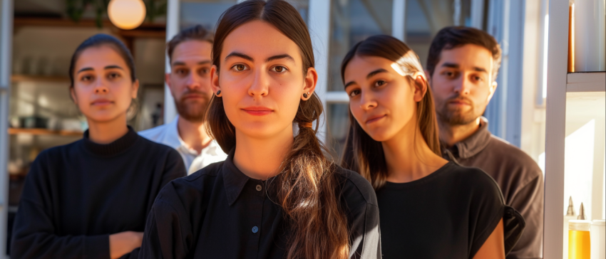 pewny siebie zespół młodych ludzi Zdjęcie przedstawia grupę pięciu młodych dorosłych, prawdopodobnie współpracowników, stojących w linii o różnej głębokości. Centralna postać, kobieta.