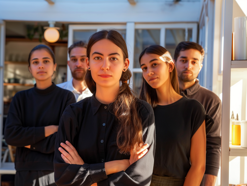 pewny siebie zespół młodych ludzi Zdjęcie przedstawia grupę pięciu młodych dorosłych, prawdopodobnie współpracowników, stojących w linii o różnej głębokości. Centralna postać, kobieta.